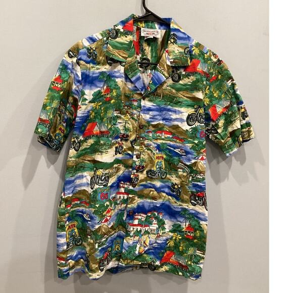 Pacific Legend Mens Hawaiian Shirt Sz Medium Route 66 Motorcycle Resort Tropical - Picture 1 of 7